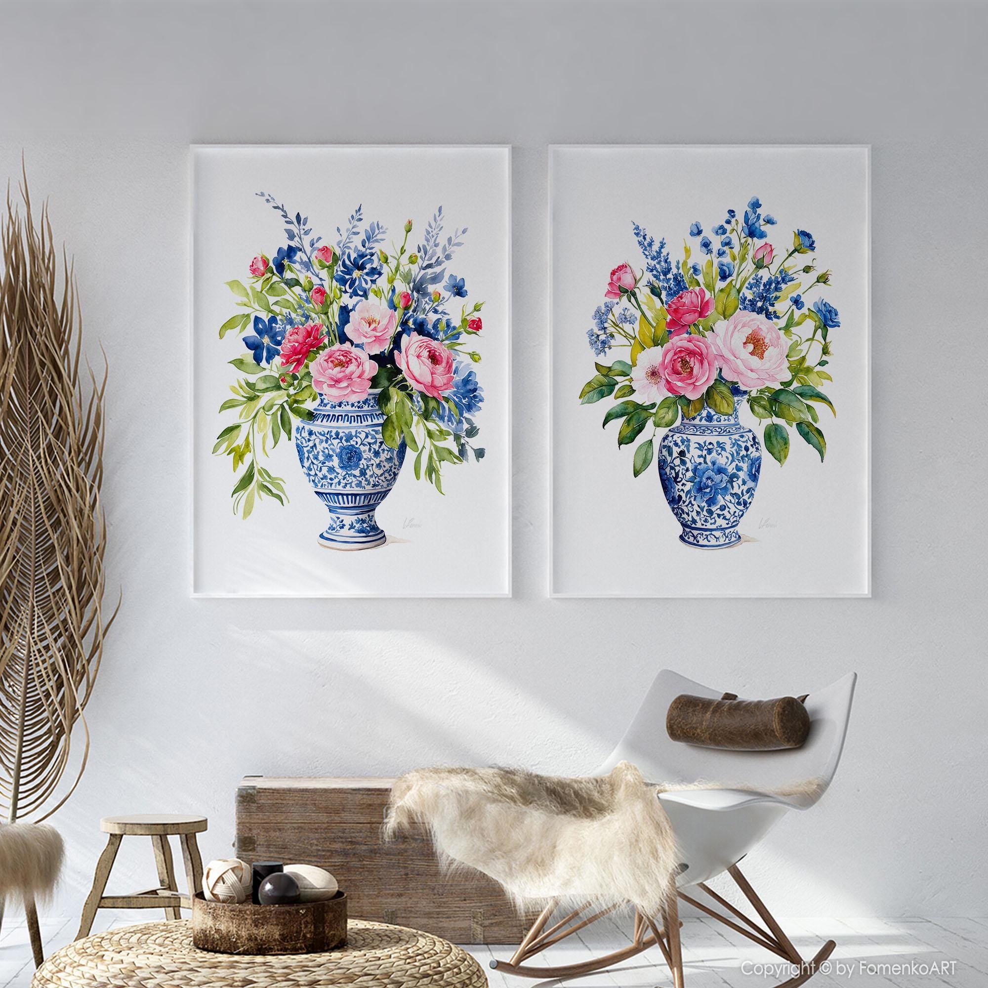 Chinoiserie Floral Wall Art Prints - Blue Vase & Pink Peony Flowers ...