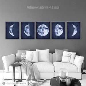 Phases of the moon print Navy blue wall art Printable