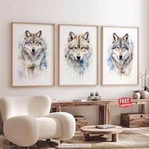 Wolf wall art print Bedroom wall decor Watercolor painting Animal poster set of 3 Kids room decor Woodland artwork Wildlife home gift