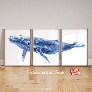 Whale art Humpback whale print Printable wall art 3 piece poster Watercolor painting Digital download Nautical gifts Ocean nursery decor