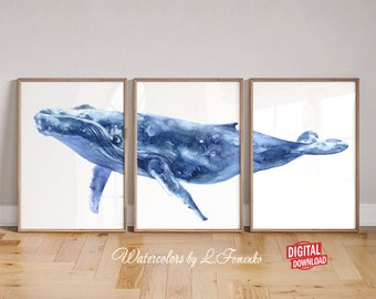 Whale art Humpback whale print Printable wall art 3 piece poster Watercolor painting Digital download Nautical gifts Ocean nursery decor