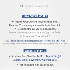 Pu&ograve; includere: Una grafica informativa sul download digitale con un'intestazione blu che dice "Come funziona?" e un'intestazione blu che dice "Dove stampare?" La grafica spiega che dopo l'acquisto, riceverai un'e-mail da Etsy con un link per scaricare 26 dimensioni pronte per la stampa dell'articolo acquistato. La grafica elenca anche diversi luoghi in cui puoi stampare i file scaricati, tra cui FedEx, Staples, Target, Costco, Kinko's, Walmart, Walgreens e a casa.