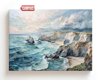 Ocean Wave Wall Art Print, Seascape Cliff Painting, Coastal Beach Canvas, Large Sea Decor