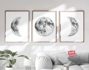 Moon wall art Moon decor Space wall art Dining room wall decor Bedroom Celestial decor Moon phase wall art Moon and stars 3 piece wall decor