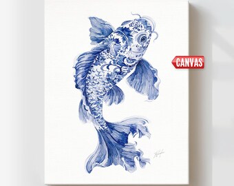 Chinoiserie Koi Fish Wall Art Print: Coastal Watercolor Painting Blue Nautical Decor Mother Gift