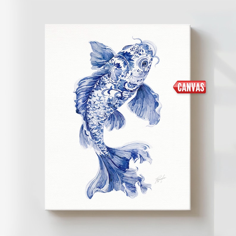 Blue Chinoiserie koi fish wall art print from original watercolor painting on stretched canvas, coastal nautical decor for beach house, bedroom, living room, abstract modern kitchen poster, large minimalist ocean artwork giclée gift idea