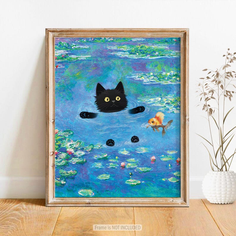 Regalos de gato negro, impresión de Claude Monet, arte de pared divertido y lindo, póster de nenúfares, gatito, pintura al óleo, lienzo, dibujo de mascota, amante, decoración de pared para dormitorio imagen 11