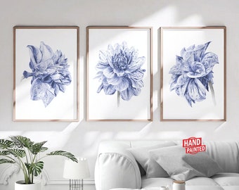 Downloadable prints Printable wall art Printable wall decor Bedroom Instant download Printable art 3 Blue flowers 24x36 print Dahlia print