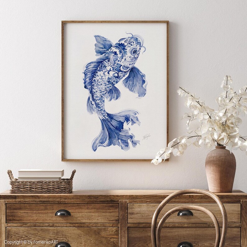 Chinoiserie Koi Fish Wall Art Print: Coastal Watercolor Painting Blue Nautical Decor Mother Gift image 10