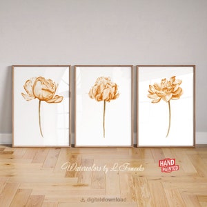 Orange wall art printable Bedroom decor aesthetic Terracotta prints set of 3 flowers