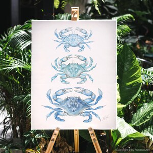 May include: A watercolor painting of three blue crabs arranged vertically on a white canvas. The crabs are in varying shades of blue, with detailed depictions of their shells and claws. The artwork is displayed on a wooden easel, with lush green foliage in the background.