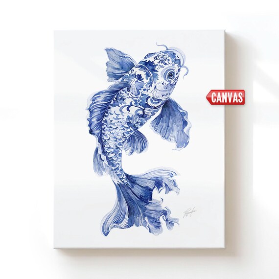 Chinoiserie Koi Fish Wall Art Print: Coastal Watercolor Painting Blue Nautical Decor Mother Gift