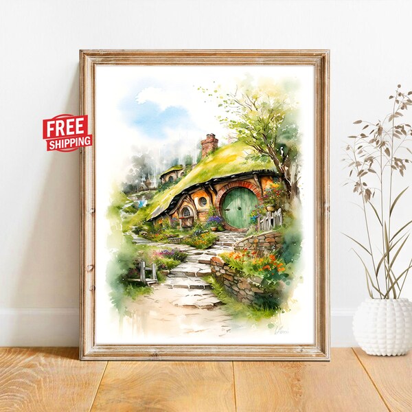 The Hobbit Hole Art Door LOTR Poster Lord Of The Rings Print The Shire Hobbiton House Hobbitcore Decor Bag End Fan Gift Watercolor painting