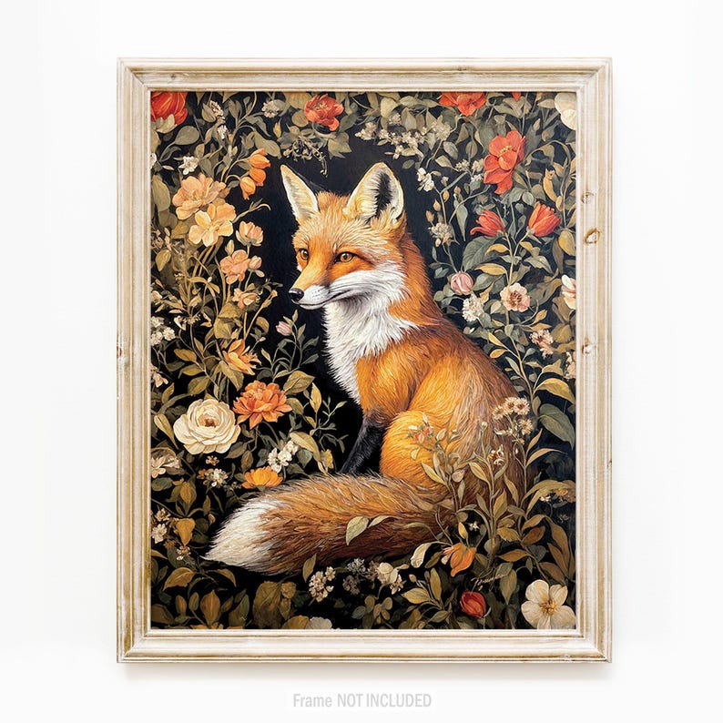Fox Wall Art Print William Morris Inspired Canvas Oil Painting, Vintage Style Floral Gift Large Mid Century Cottagecore Dark Academia Decor imagem 8