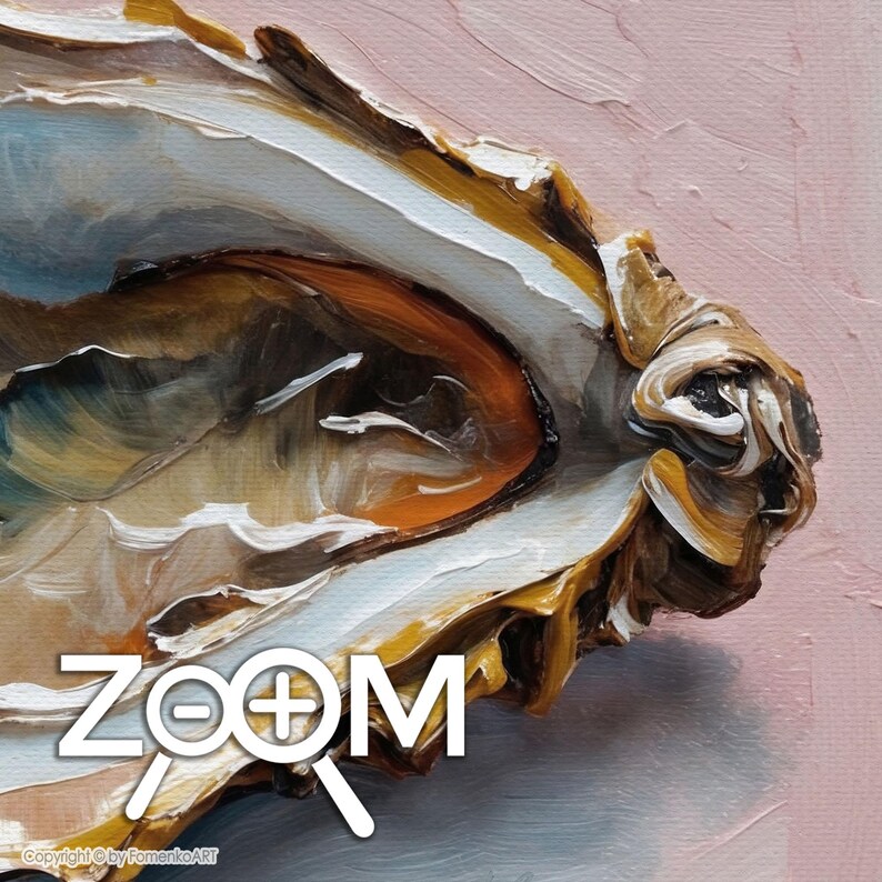 May include: Close-up of an oyster shell oil painting with a pink background. The shell features shades of brown, white, and orange, with visible brushstrokes. The word "ZOOM" is overlaid on the image.