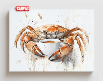 Lámina decorativa de cangrejo y café – Pintura en acuarela, decoración de cocina náutica costera, póster de mariscos original en lienzo, estilo casa de playa oceánica