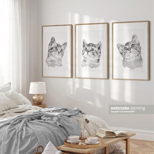 Grey cat painting Tabby cat decor Nursery wall art prints of original watercolor artwork Funny cat poster Cat lover gift Pet pictures image 3