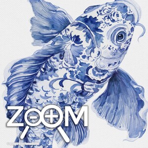 May include: Watercolor painting of a blue and white koi fish. The fish features intricate floral and scrollwork patterns, reminiscent of porcelain designs. The word "ZOOM" is overlaid on the image. The artwork is set against a white background.