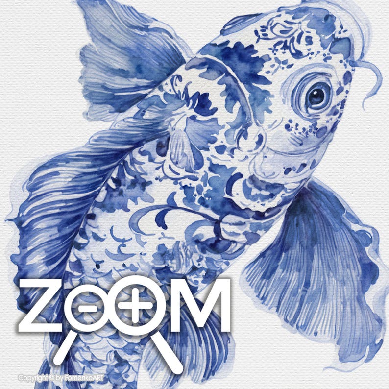 May include: Watercolor painting of a blue and white koi fish. The fish features intricate floral and scrollwork patterns, reminiscent of porcelain designs. The word "ZOOM" is overlaid on the image. The artwork is set against a white background.