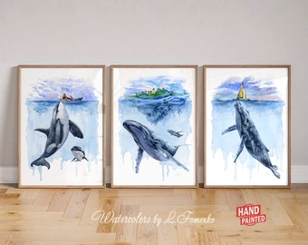 Whale painting Printable wall art Watercolor orca whale art Ocean nursery decor boy Whale prints set of 3 Blue whale poster Nautical artwork