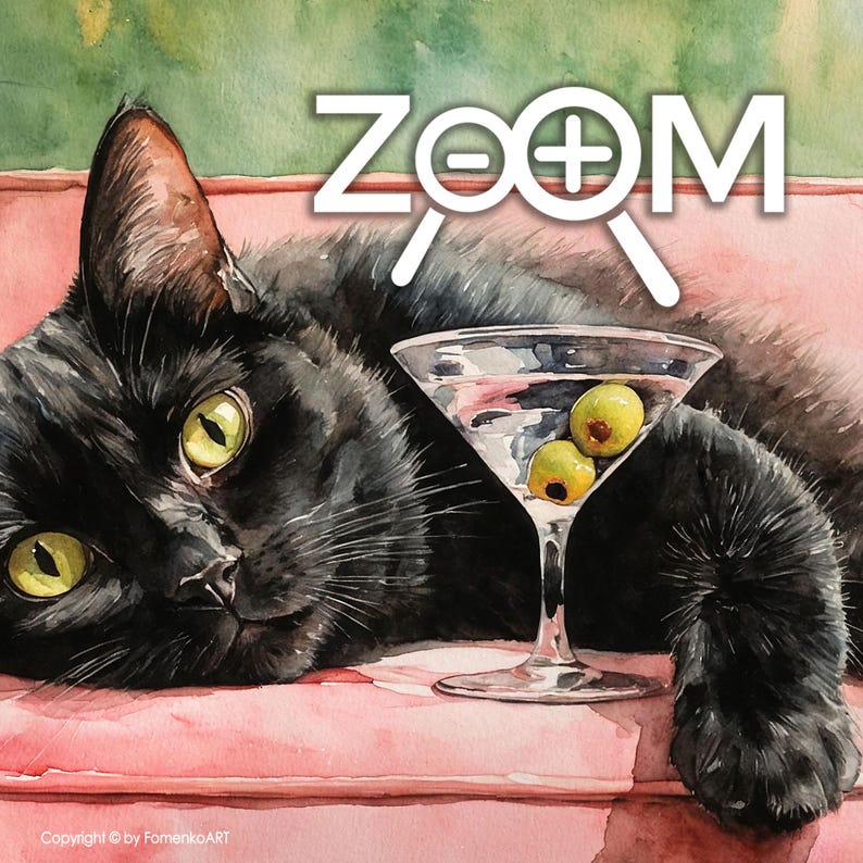 May include: Watercolour painting of a black cat with yellow eyes, resting on a pink cushion. A martini glass with olives is next to the cat. The word "ZOOM" is written in white above the cat.