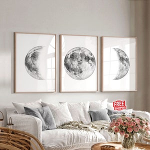 Moon print Moon wall decor Bedroom wall decor Living room wall decor Set of 3 wall art Apartment decor, Celestial watercolor Moon art print