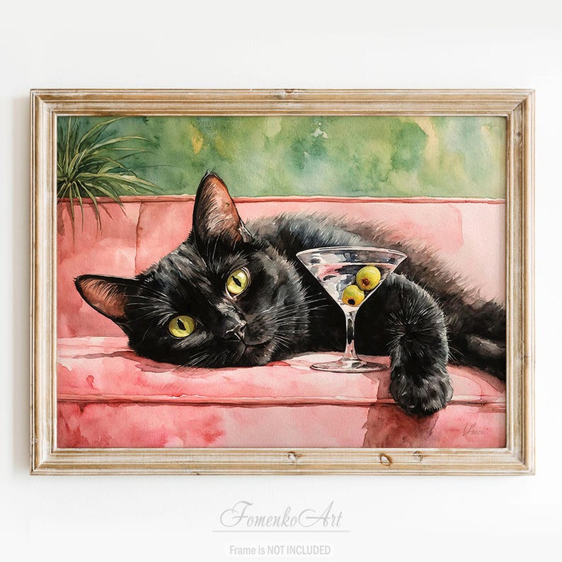 Black cat & martini watercolor painting – cute wall art print on canvas, mid century modern whimsical poster, funny pet lover gift, cocktail bar decor