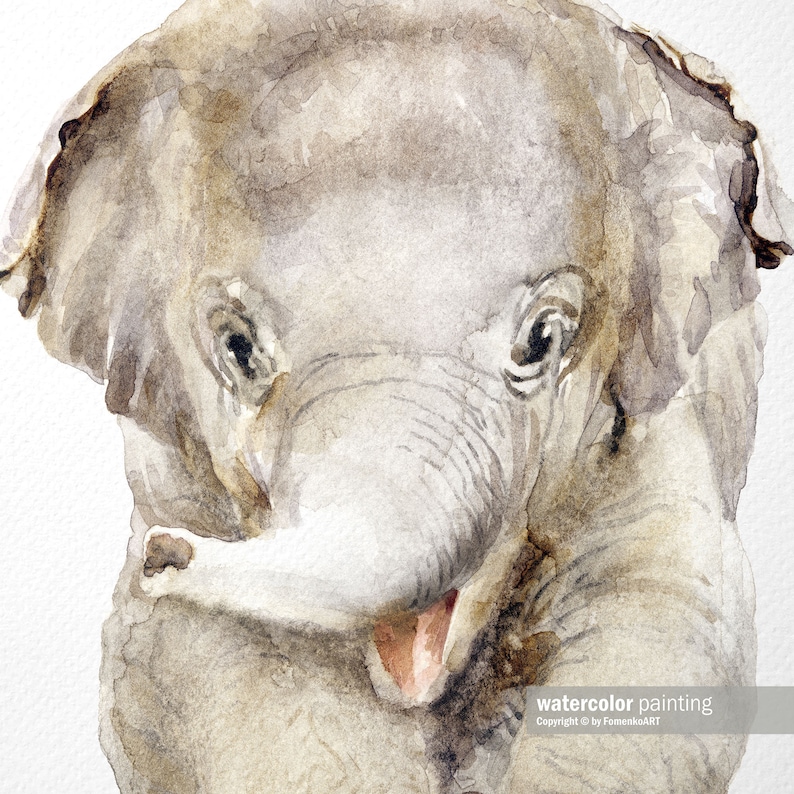 May include: A watercolor painting of a baby elephant with a light brown and gray color scheme. The elephant is looking directly at the viewer with its mouth open and its trunk curled up. The painting has a soft, dreamy feel.