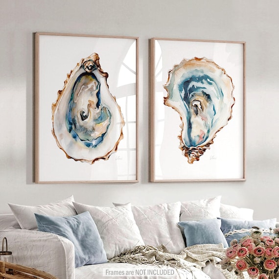 Oyster Wall Art Prints: Coastal Sea Shells Watercolor Painting, Beach Home Decor