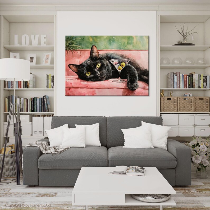 May include: A watercolour painting depicting a black cat relaxing on a pink sofa, holding a martini glass with olives. The cat has yellow eyes and is the central figure. The background features a green and pink colour scheme.