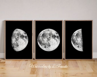 Downloadable prints Black and white Wall art prints Space art Moon wall art set of 3 prints Moon print Moon phase print Moon wall hanging