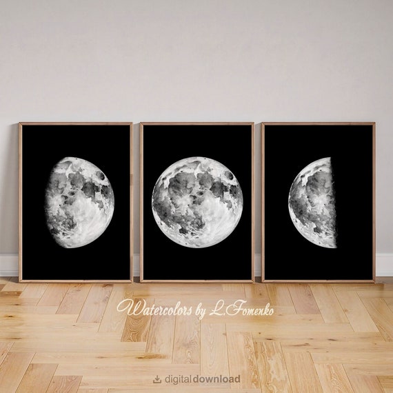 Moon Phases Wall Art Set of 3 Prints, Black and White Celestial