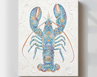 Lobster Wall Art Print, Coastal Nautical Canvas Painting, Ocean Beach Folk Decor, Kitchen Artwork