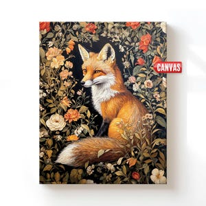 Fox Wall Art Print William Morris Inspired Canvas Oil Painting, Vintage Style Floral Gift Large Mid Century Cottagecore Dark Academia Decor imagem 1