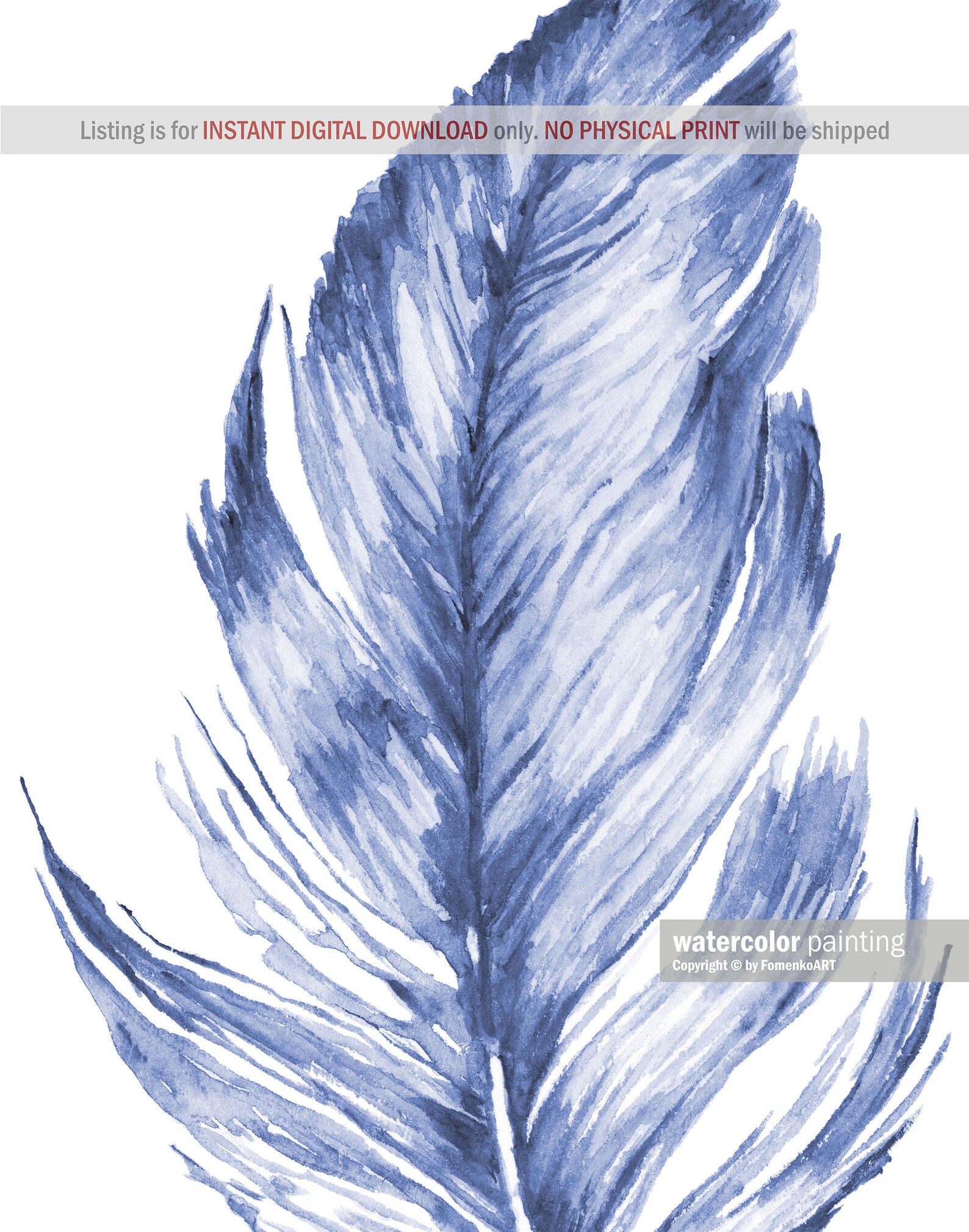 Blue and White Feather Print Watercolor Printable Wall Art | Etsy