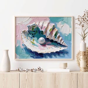Puede incluir: Una pintura de una concha de mar con una perla en su interior. La concha est&aacute; pintada en tonos de rosa, azul y verde, y la perla es blanca. El fondo es de color azul claro con toques de rosa y verde.