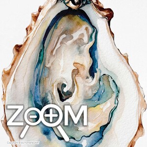 Puede incluir: Pintura a la acuarela de una concha de ostra con tonos azules, marrones y beige. El interior de la concha presenta patrones arremolinados y la palabra "ZOOM" en texto blanco. Copyright by FomenkoART.