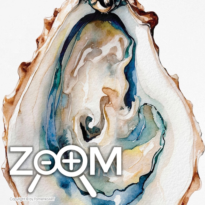 Puede incluir: Pintura a la acuarela de una concha de ostra con tonos azules, marrones y beige. El interior de la concha presenta patrones arremolinados y la palabra "ZOOM" en texto blanco. Copyright by FomenkoART.