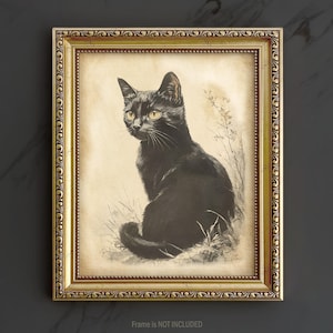 Vintage Black Cat Wall Art Print - Watercolor Painting, Cute Cat Lover Gift Whimsical Decor Canvas Retro Artwork Antique Pet Poster Drawing