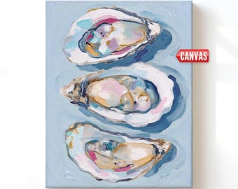Arte mural de ostras costeras: impresión de mi pintura al óleo, decoración abstracta de casa de playa, cocina, conchas de ostras oceánicas, lienzo azul, obra de arte náutico.