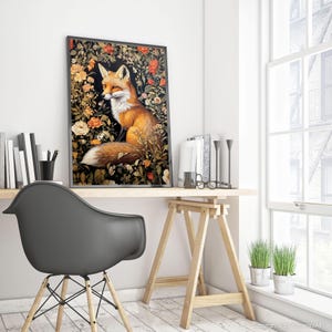 Fox Wall Art Print William Morris Inspired Canvas Oil Painting, Vintage Style Floral Gift Large Mid Century Cottagecore Dark Academia Decor imagem 11