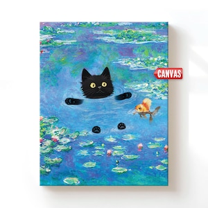 Regalos de gato negro, impresión de Claude Monet, arte de pared divertido y lindo, póster de nenúfares, gatito, pintura al óleo, lienzo, dibujo de mascota, amante, decoración de pared para dormitorio imagen 1