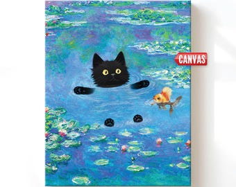 Black Cat Gifts Claude Monet Print Cute Funny Wall Art, Water Lilies Poster Kitten Oil Painting Canvas Pet Drawing Lover Bedroom Wall Decor