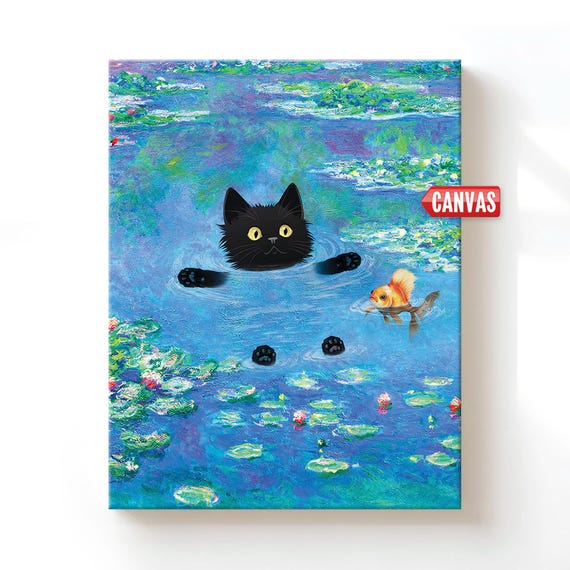 Black Cat Gifts Claude Monet Print Cute Funny Wall Art, Water Lilies Poster Kitten Oil Painting Canvas Pet Drawing Lover Bedroom Wall Decor