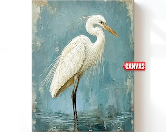Lámina decorativa de garza - Pintura al óleo de garceta, obra de arte vintage costera, regalo decorativo sobre lienzo azul