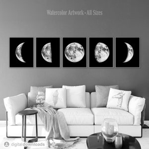 Moon phase wall hanging Black and white art printable