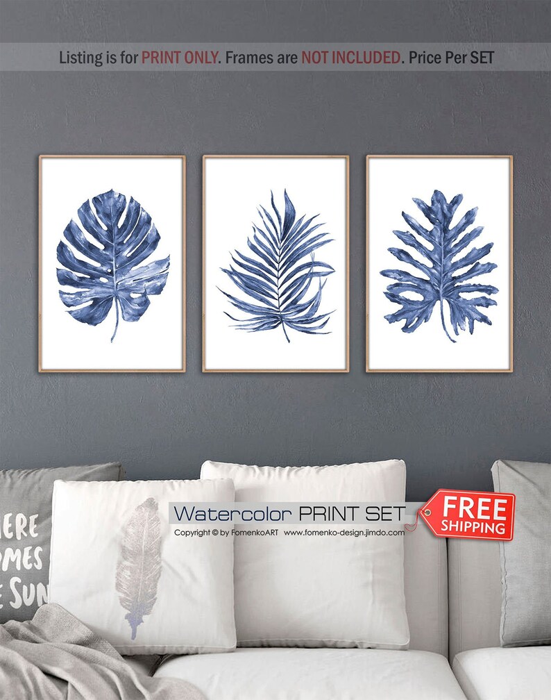 Plant Art Palm Tree Print Wall Bedroom Decor Hawaiian Navy Blue Set Of 3 Monstera