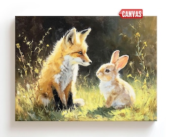 May include: A canvas print of a fox and a rabbit in a field. The fox has orange and white fur, and the rabbit is light brown. They are surrounded by green grass and yellow flowers, with a dark background.