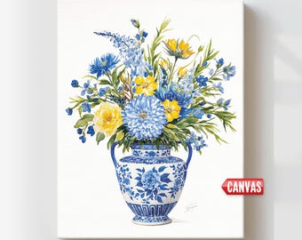 Wild Flower Wall Art Print: Chinoiserie Decor, Blue Vase & Peony Flower Painting, Floral Gift