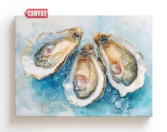 Coastal Oyster Shells Wall Art Print: Watercolor Painting, Canvas Nautical Decor
